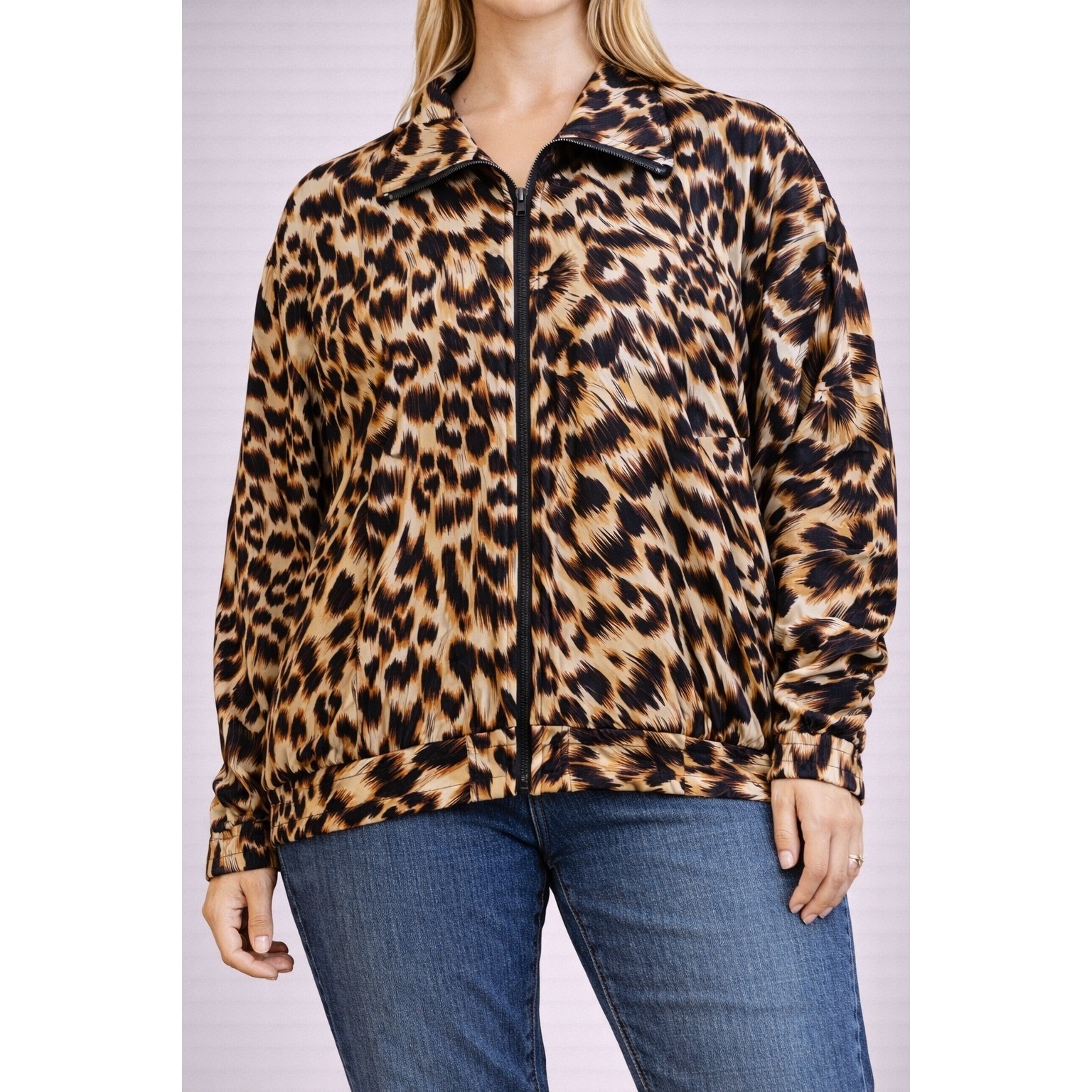 Fuda International Silk Leopard Print Jacket Full Zip Collar Bomber Style Women